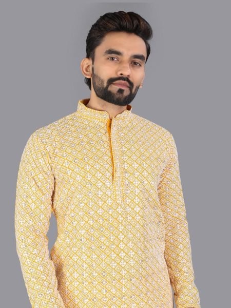 Designer Geometric Embroidered Cotton Kurta for Men with Mandarin Collar Kurta Pajama Wholesale