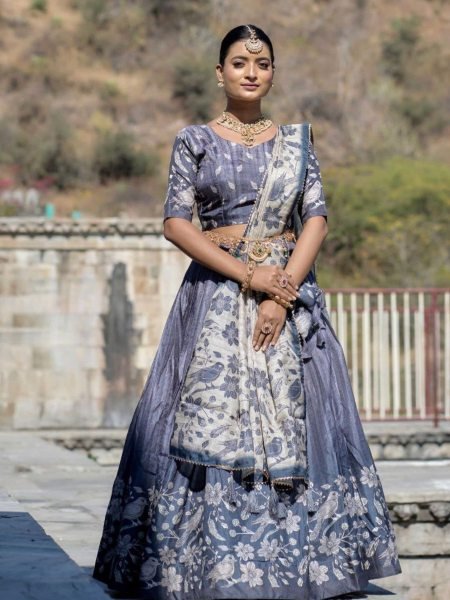 Dusty Blue Royal Pure Manipuri Silk Half Saree Lehenga Choli with Printed Dupatta  Lehenga