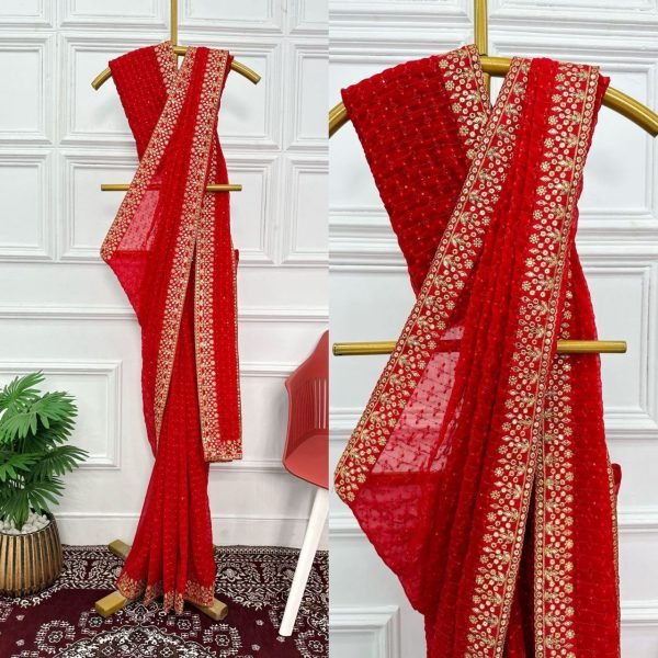 Designer Georgette Red Sequin Saree For Karwa Chauth Georgette Sarees Wholesale