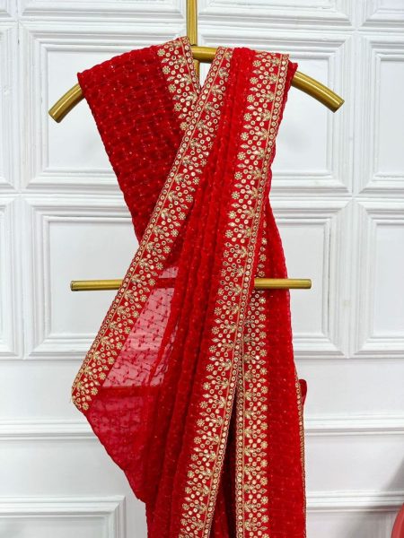 Designer Georgette Red Sequin Saree For Karwa Chauth Georgette Sarees Wholesale