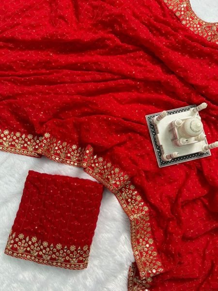 Designer Georgette Red Sequin Saree For Karwa Chauth Georgette Sarees Wholesale