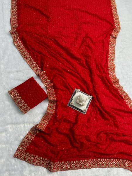 Designer Georgette Red Sequin Saree For Karwa Chauth Georgette Sarees Wholesale