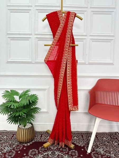 Designer Georgette Red Sequin Saree For Karwa Chauth Georgette Sarees Wholesale