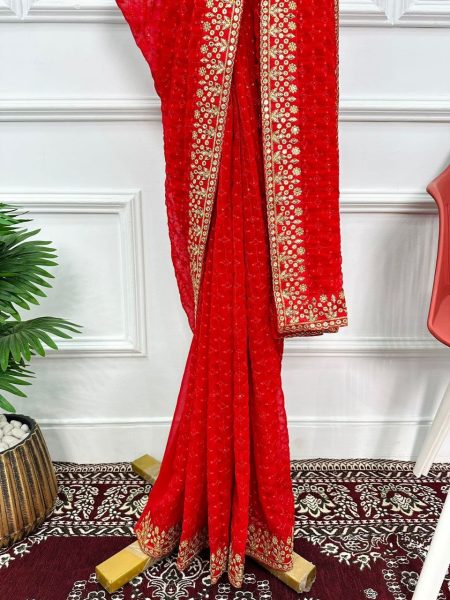 Designer Georgette Red Sequin Saree For Karwa Chauth Georgette Sarees Wholesale