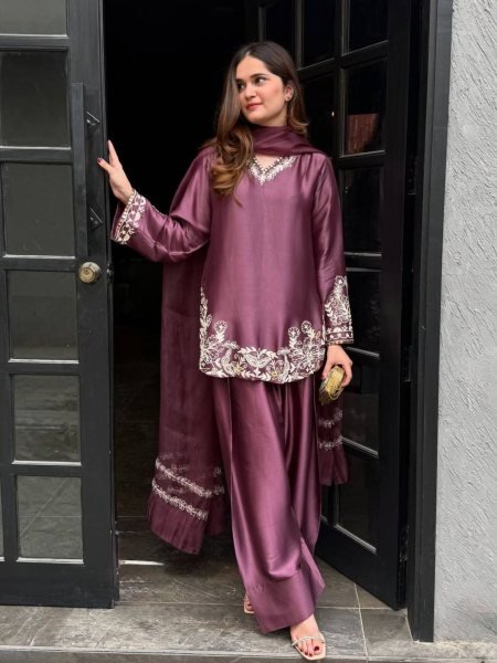 Mauve Crepe Silk Farshi Pant Set with Embroidered Dupatta Elegant Pakistani Style Wear 
