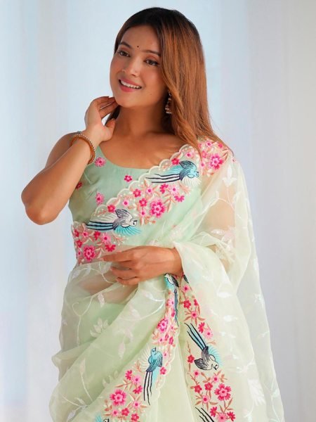 Wedding Wear Pista Organza Saree with Designer Arc Border & Sequin Embroidery Elegance Organza Sarees Wholesale