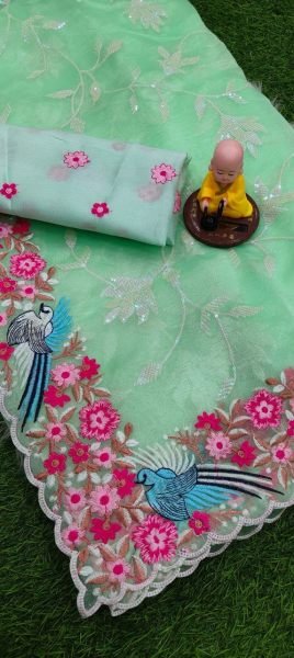 Wedding Wear Pista Organza Saree with Designer Arc Border & Sequin Embroidery Elegance Organza Sarees Wholesale