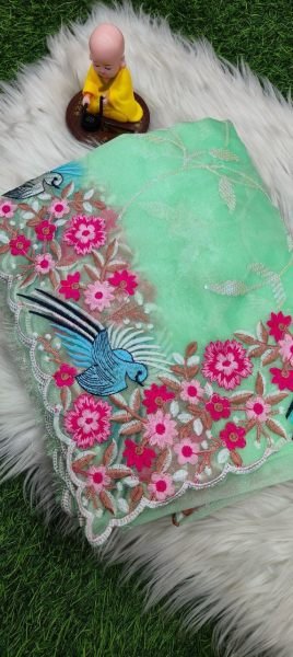 Wedding Wear Pista Organza Saree with Designer Arc Border & Sequin Embroidery Elegance Organza Sarees Wholesale