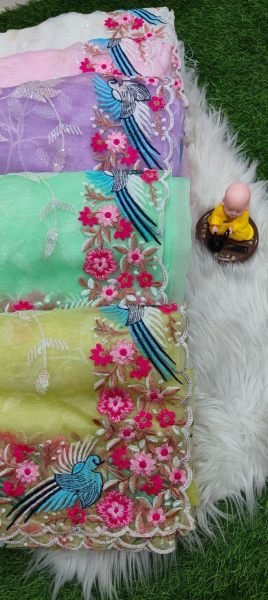 Wedding Wear Pista Organza Saree with Designer Arc Border & Sequin Embroidery Elegance Organza Sarees Wholesale