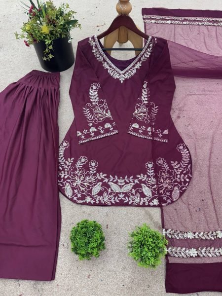 Mauve Crepe Silk Farshi Pant Set with Embroidered Dupatta Elegant Pakistani Style Wear Ready To Wear Collection