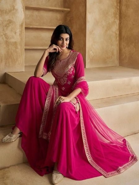 Designer Georgette Sharara Suit Set with Heavy Embroidery   Butter Net Dupatta Festive Wear at Best Seller Ready To Wear Collection