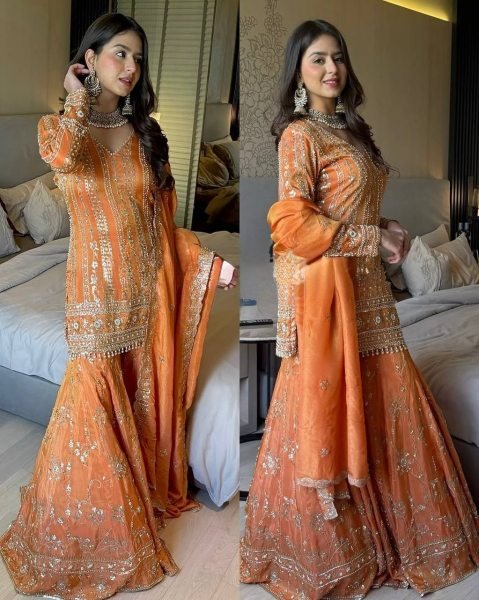 Designer Georgette Sharara Suit with Thread and Sequin Work  for Luxury Look Ready To Wear Collection