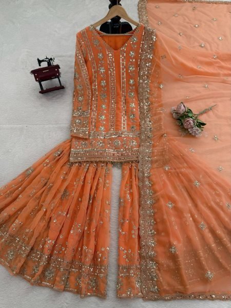 Designer Georgette Sharara Suit with Thread and Sequin Work  for Luxury Look Ready To Wear Collection