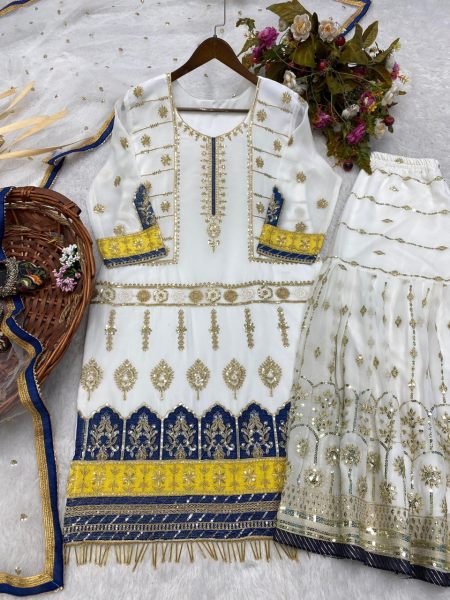 Designer Georgette White Palazzo Suit  Ready To Wear Collection