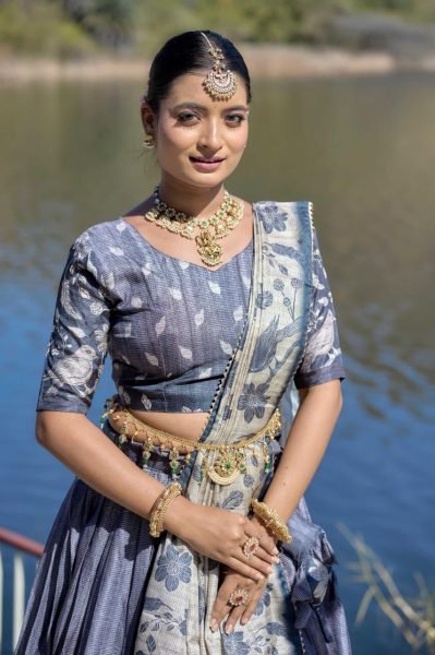 Dusty Blue Royal Pure Manipuri Silk Half Saree Lehenga Choli with Printed Dupatta Half Saree Lehenga