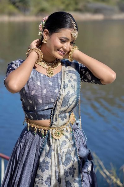 Dusty Blue Royal Pure Manipuri Silk Half Saree Lehenga Choli with Printed Dupatta Half Saree Lehenga