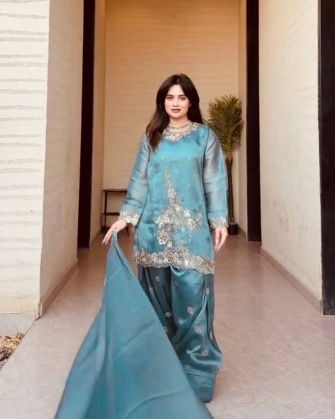 Unique gmy Silk Kurti Set with Farshi Pant and Dupatta  Ready To Wear Suit