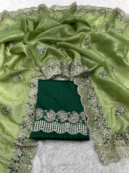 Designer Gold Crush Saree with Aarco Border & Embroidered Mono Silk Blouse Embroidery Sarees Wholesale