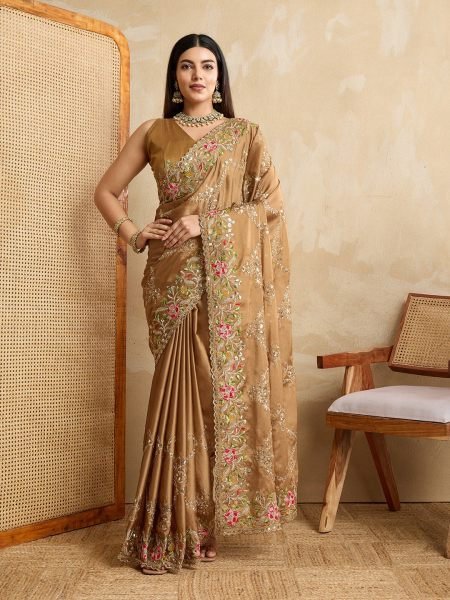 Designer Gold Embroidered Rangoli Silk Saree with Heavy Floral Work   Cutwork Border Party Wear at Manufacturer Price Embroidery Sarees Wholesale