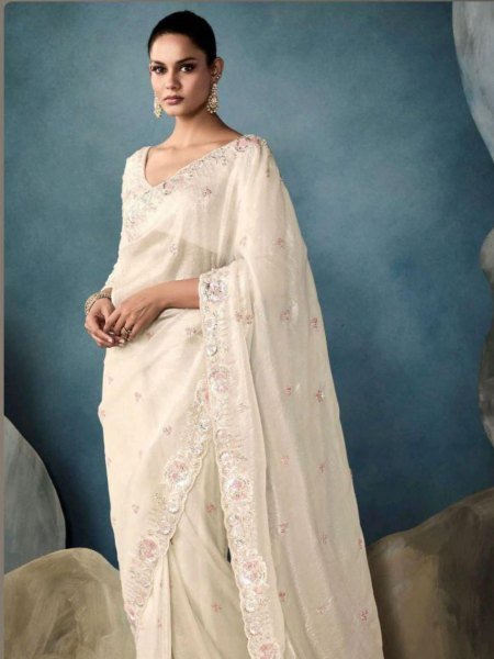 Designer Golden Crushed Saree with Heavy Embroidery Blouse Party Wear Sarees 