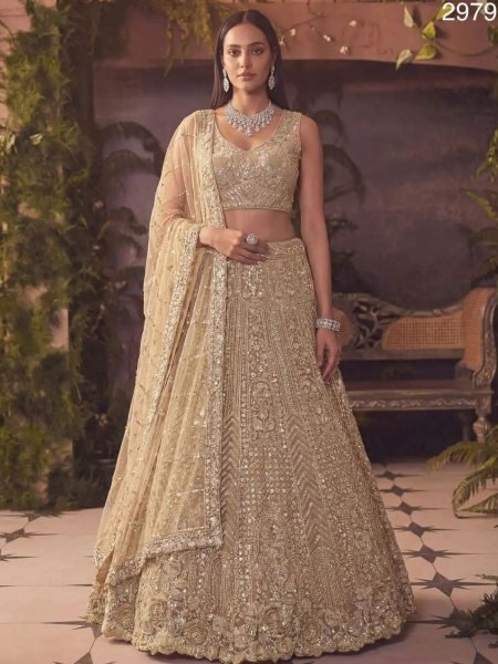 Designer Golden Soft Net Lehenga Choli with Handwork Embroidery for Bridal Wear  Lehenga