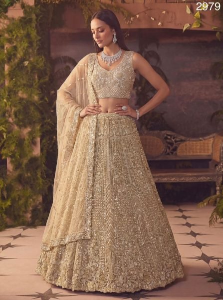 Designer Golden Soft Net Lehenga Choli with Handwork Embroidery for Bridal Wear Bridal Lehenga Choli