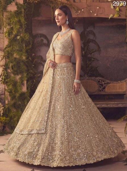 Designer Golden Soft Net Lehenga Choli with Handwork Embroidery for Bridal Wear Bridal Lehenga Choli