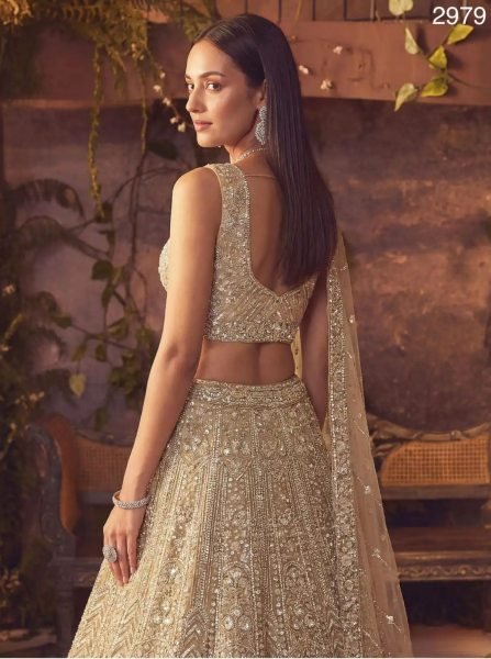 Designer Golden Soft Net Lehenga Choli with Handwork Embroidery for Bridal Wear Bridal Lehenga Choli
