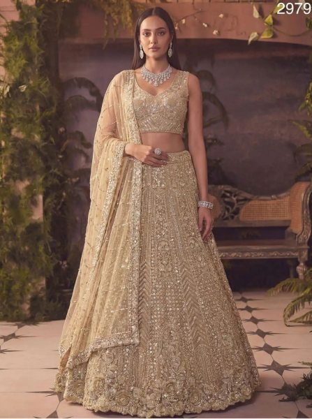 Designer Golden Soft Net Lehenga Choli with Handwork Embroidery for Bridal Wear Bridal Lehenga Choli