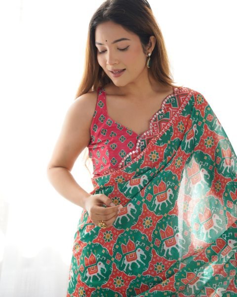 Designer Green Chinnon Mirror Lace Saree for Women Ethnic Kutchi Work Festive Wear Saree Surat Manufacturer  Designer Wedding Sarees Wholesale