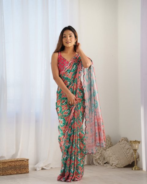 Designer Green Chinnon Mirror Lace Saree for Women Ethnic Kutchi Work Festive Wear Saree Surat Manufacturer  Designer Wedding Sarees Wholesale