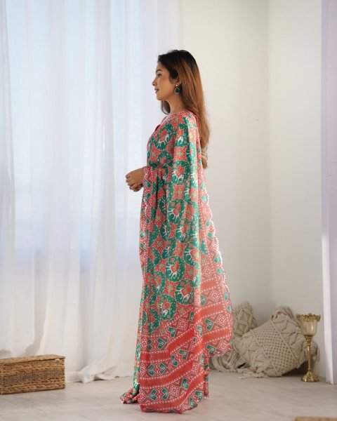 Designer Green Chinnon Mirror Lace Saree for Women Ethnic Kutchi Work Festive Wear Saree Surat Manufacturer  Designer Wedding Sarees Wholesale