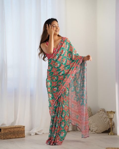 Designer Green Chinnon Mirror Lace Saree for Women Ethnic Kutchi Work Festive Wear Saree Surat Manufacturer  Designer Wedding Sarees Wholesale