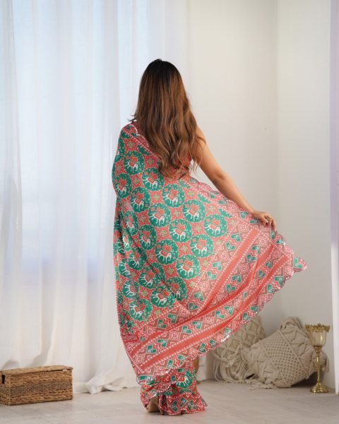 Designer Green Chinnon Mirror Lace Saree for Women Ethnic Kutchi Work Festive Wear Saree Surat Manufacturer  Designer Wedding Sarees Wholesale
