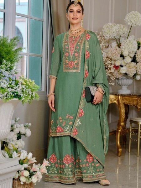Designer Green Chinon Silk Suit Set with Embroidery  Sequence and Real Mirror Work 