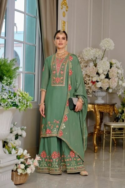 Designer Green Chinon Silk Suit Set with Embroidery  Sequence and Real Mirror Work Designer Plazzo Salwar Suits Wholesale