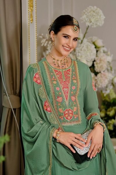 Designer Green Chinon Silk Suit Set with Embroidery  Sequence and Real Mirror Work Designer Plazzo Salwar Suits Wholesale