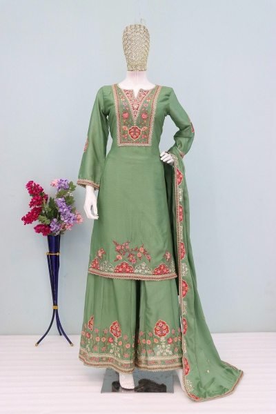 Designer Green Chinon Silk Suit Set with Embroidery  Sequence and Real Mirror Work Designer Plazzo Salwar Suits Wholesale