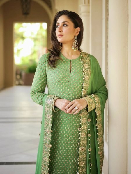 Kareena Kapoor Inspired Designer Green Georgette Suit with Butter Silk Palazzo and Dupatta for Party Wear 
