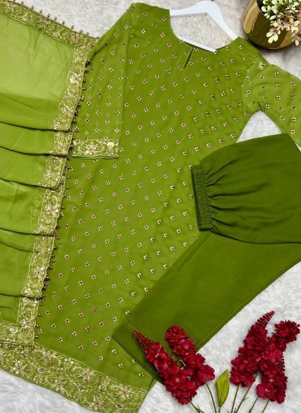 Kareena Kapoor Inspired Designer Green Georgette Suit with Butter Silk Palazzo and Dupatta for Party Wear Ready To Wear Collection