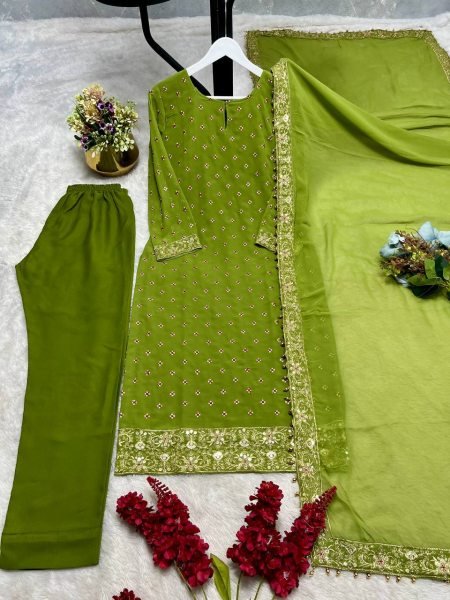 Kareena Kapoor Inspired Designer Green Georgette Suit with Butter Silk Palazzo and Dupatta for Party Wear Ready To Wear Collection
