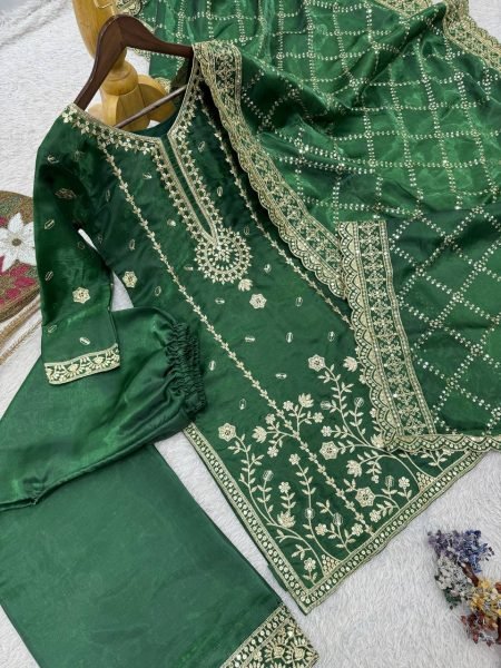Designer Green GMY Silk Suit with Dupatta for Wedding and Festive Wear Ready To Wear Collection