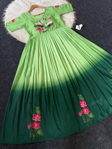Designer Green Maslin Gown with South Pattern Print and Handwork For Special Occasions Anarkali Kurtis 