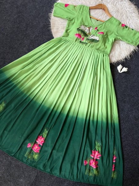 Designer Green Maslin Gown with South Pattern Print and Handwork For Special Occasions Anarkali Kurtis 