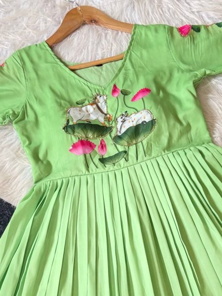 Designer Green Maslin Gown with South Pattern Print and Handwork For Special Occasions Anarkali Kurtis 