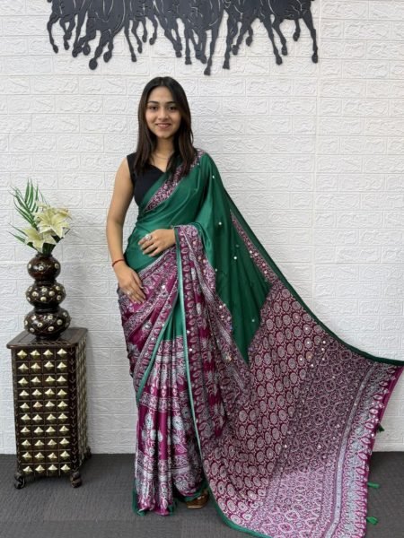 Designer Green Satin Silk Saree with Mirror Embellishments for Wedding Functions Sarees 