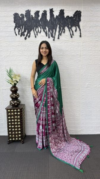 Designer Green Satin Silk Saree with Mirror Embellishments for Wedding Functions Silk Sarees Wholesale