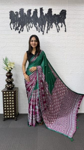 Designer Green Satin Silk Saree with Mirror Embellishments for Wedding Functions Silk Sarees Wholesale