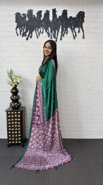 Designer Green Satin Silk Saree with Mirror Embellishments for Wedding Functions Silk Sarees Wholesale