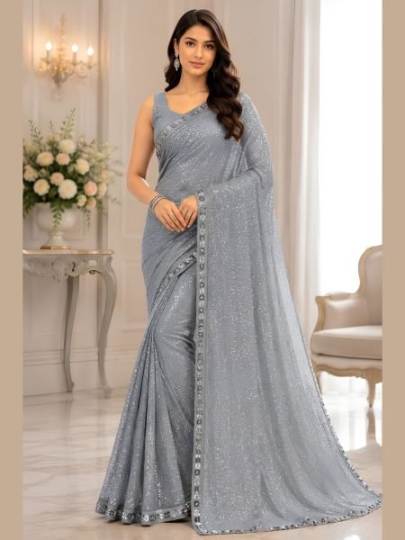 Designer Grey Faux Georgette Saree with Heavy Khichdi Sequins Embroidery at Wholesale Rate Sarees 